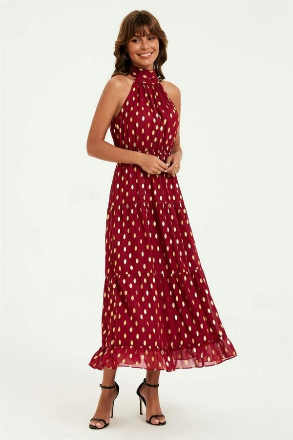 FS Collection Gold Foil Halter Neck Tie Back Midi Dress In Wine