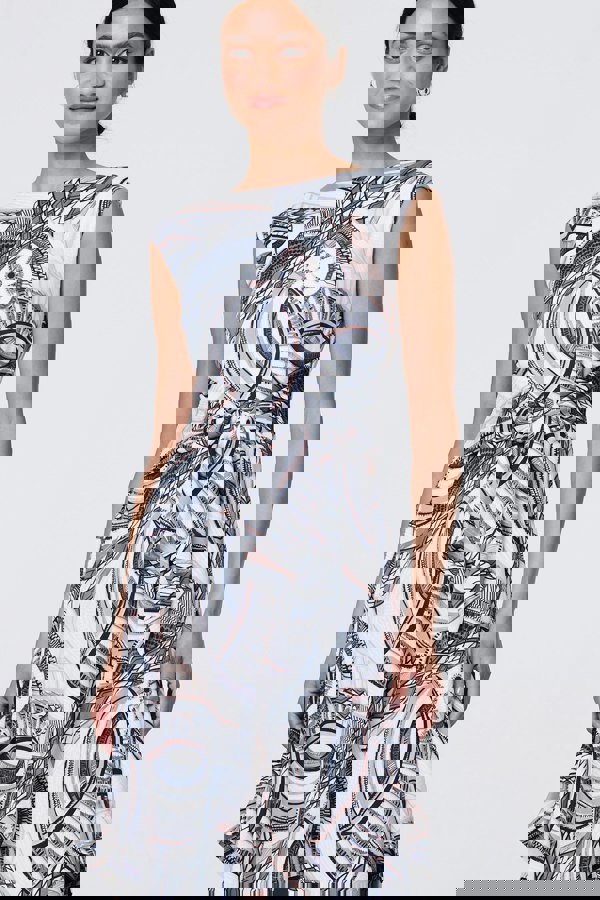 Navy | Printed Tie Front Knee Length Dress