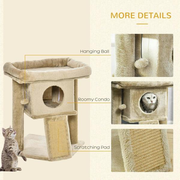 Brown cat tree tower detail view with hanging ball toy, roomy condo hide, and scratching pad