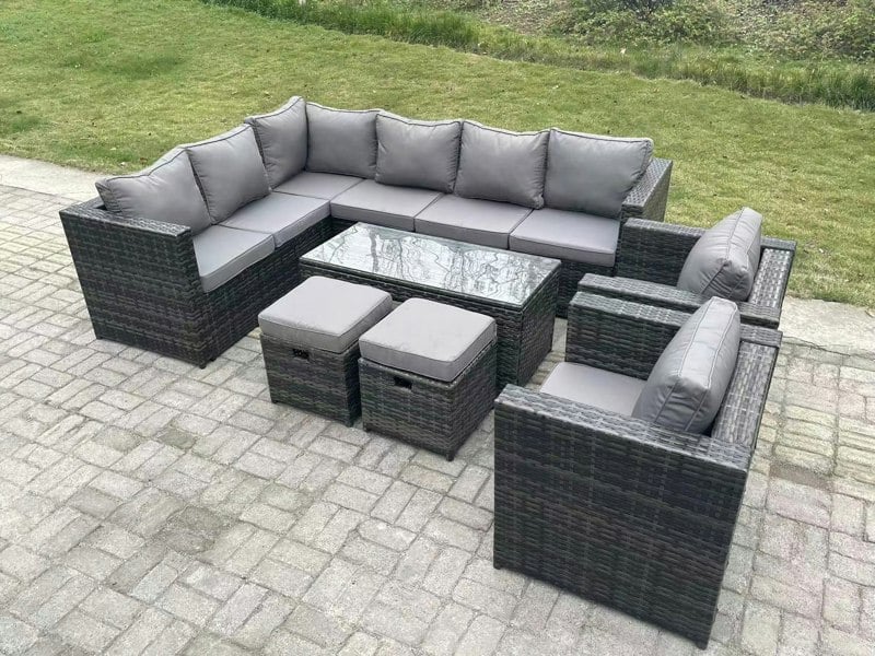 Fimous 10 Seater Rattan Corner Sofa Lounge Sofa Set With Rectangular Coffee Table 2 Stool Dark Grey Mixed Left Hand