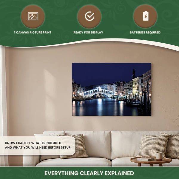 Rialto Bridge Scene Print LED Canvas, Venice Artwork With 8 LED Lights, 60 x 40 cm, Stretched Wooden Frame, Battery Powered
