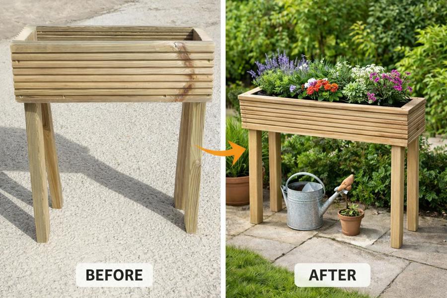 Before and after raised wooden trough planter 60cm high