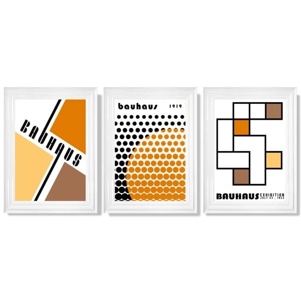 Set of 3 Bauhaus Orange Modern Framed Art Prints with Glossy White Frames