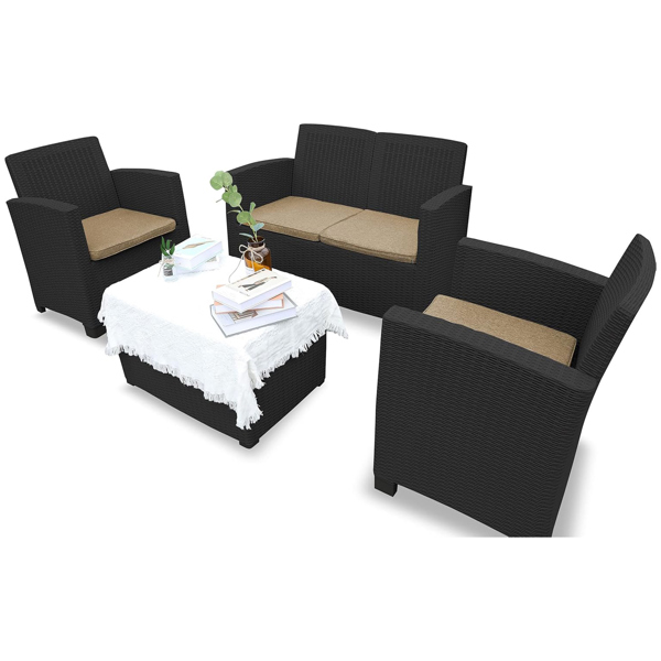 Homeology SANTANA 4 Piece PE Rattan 4-Seater with Cushions Garden Furniture and Coffee Table Set in Black
