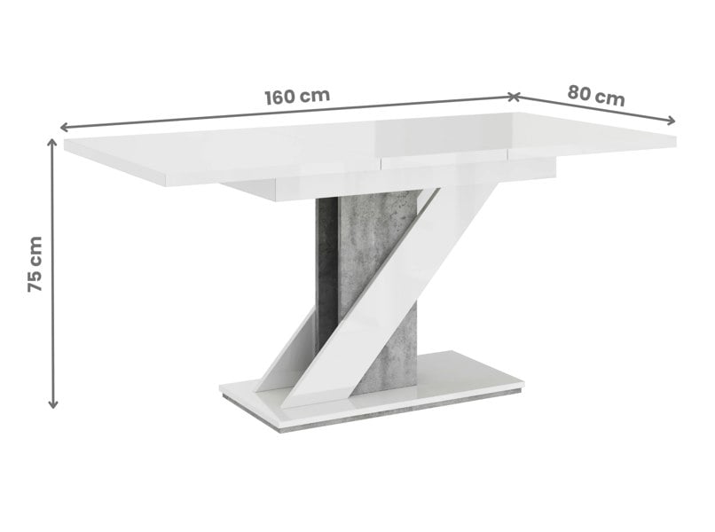 Contemporary dining room table MAVEA with white gloss finish and concrete base.