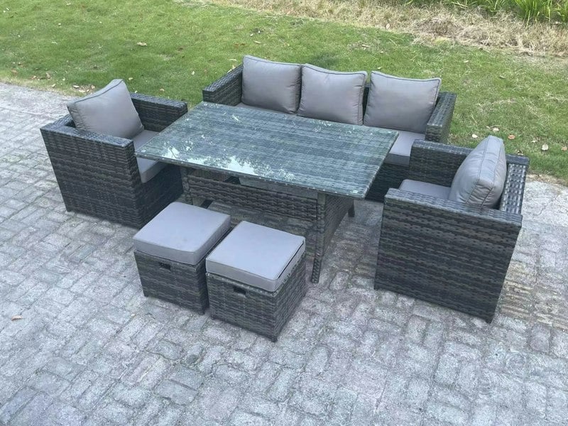 Fimous 7 Seater PE Wicker Rattan Garden Furniture Set Lounge Sofa Chair and Rectangular Dining Table Set 2 Small Footstools Dark Grey Mixed