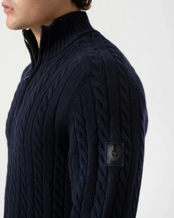 Logo shot of Belstaff Mens Westport Quarter Zip Cable Knit Jumper - Dark Ink