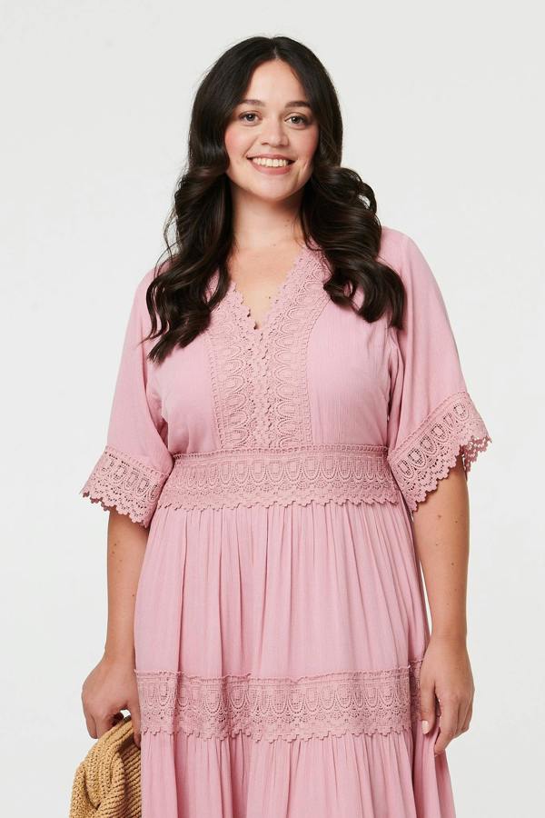 Pink | Curve Tiered Lace Trim Maxi Dress
