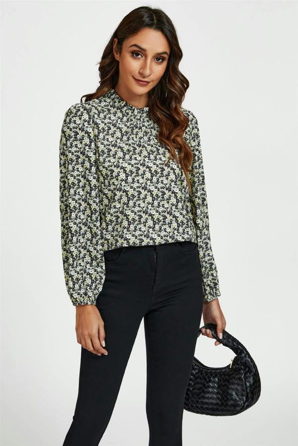 FS Collection Multi Floral Print Frill Detail High Neck Top In Yellow