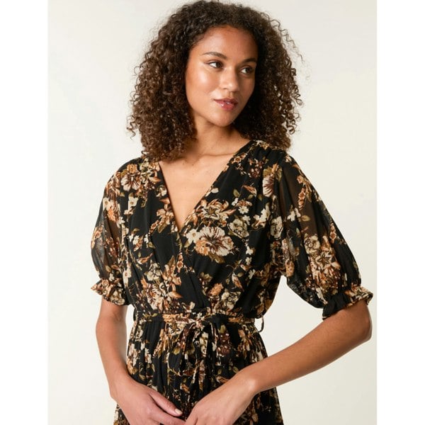 Blue Vanilla Floral Mesh Wrap Front Tiered Midi Dress