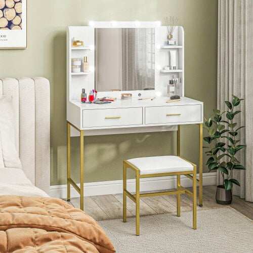 Wyld Haus Doraro White LED Dressing Table With Lighted Mirror Cushioned Stool Drawers And Shelves