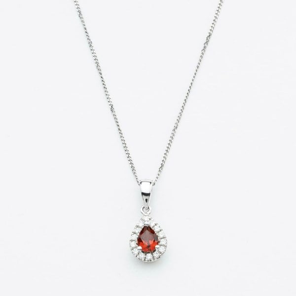 T. H. Baker 9ct White Gold 0.40ct Pear Cut Garnet & Diamond Halo Pendant Necklace NTP409PEAR-GARD-9WG
