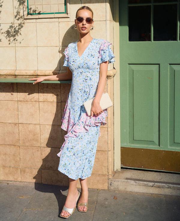 Needs No Label Blue Ditsy Floral Ruffle Mix and Match Midi Dress