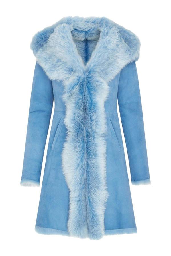 Infinity Leather Womens Blue Toscana Sheepskin Suede Leather Hooded Trench Coat - Aura