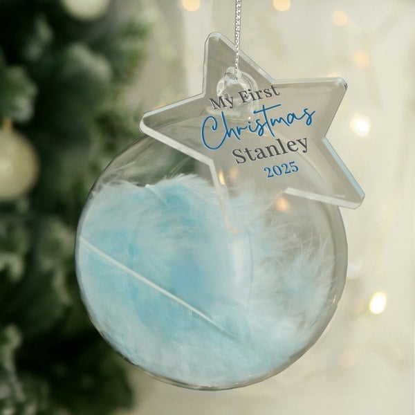 Personalised Memento Company Personalised My 1st Christmas Blue Feather Bauble