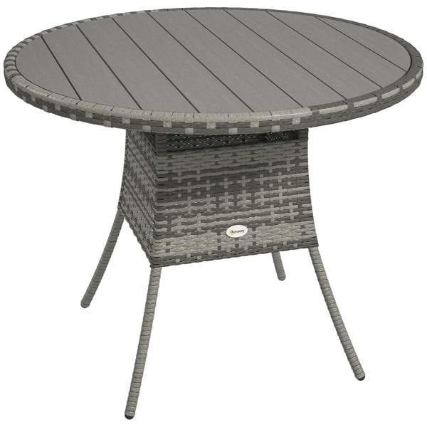 Grey round 90cm rattan-effect table with woven base and four slanted legs