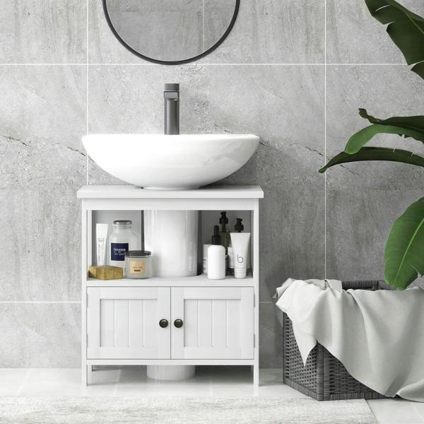 White under-sink pedestal cabinet with double doors and open storage shelves