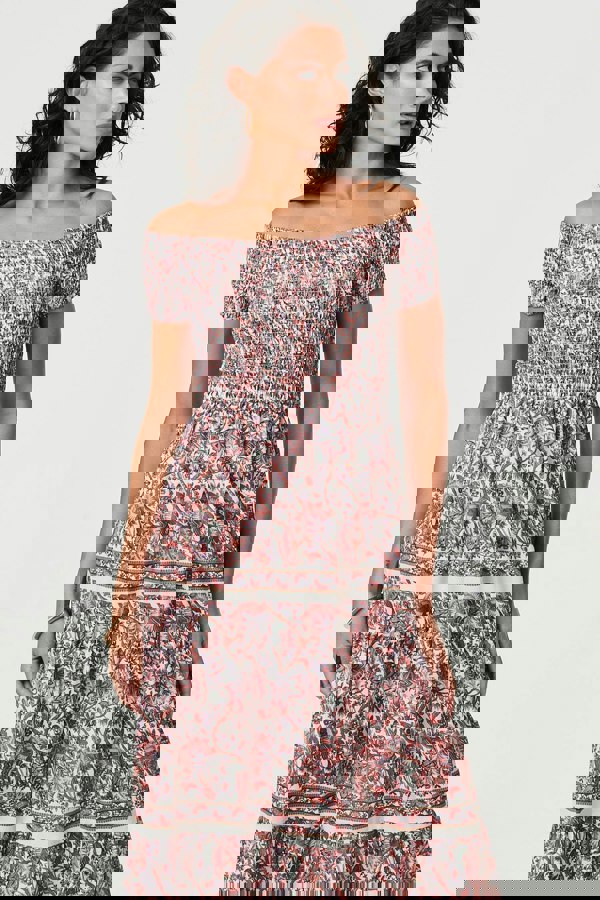 Pink | Ditsy Floral Bardot Smocked Midi Dress
