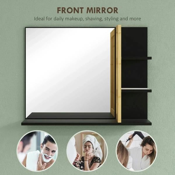 Bathroom mirror with bamboo hinged panel and black shelves, front view