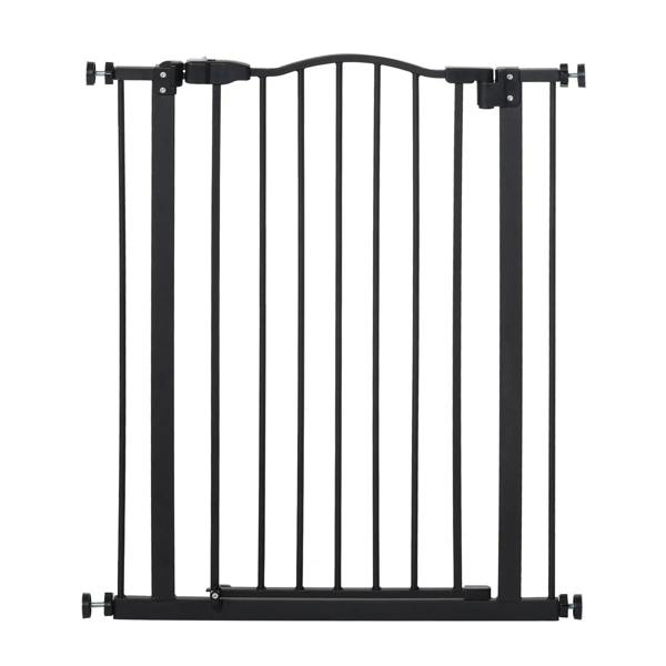 Black pressure-fit dog gate with vertical bars