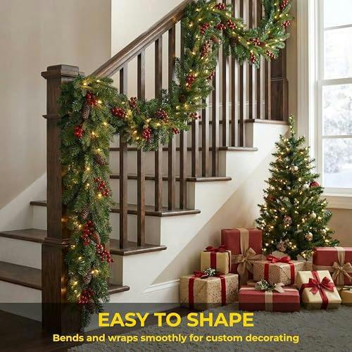 2m Green Pre-Lit Christmas Garland with PVC Foliage, Red Berries, Pine Cones and Warm LED Lights image 6