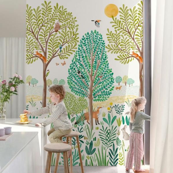 Grandeco Grena Trees and Animals 3 Lane Repeatable Wallpaper Kids Nursery Mural, 1.59 x 2.8m,