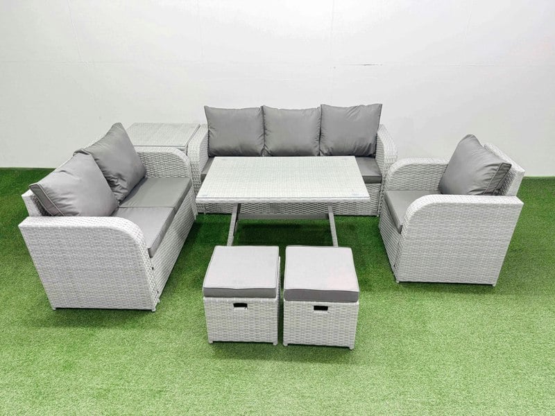 Fimous Rattan High Back Lounge Sofa Set Patio Dining Table & Chairs Set with 3 Seater Sofa Reclining Chair Side Table 2 Small Stool Light Grey