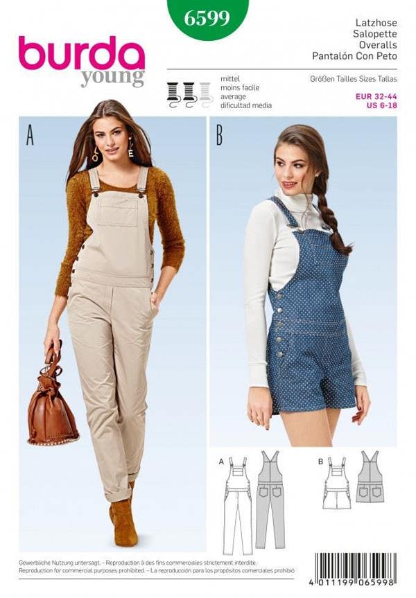 Burda Sewing Pattern 6599 Dungarees For Women, 6 to 18 - Intermediate