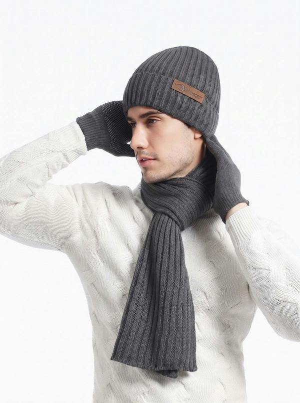 Anniou Men’s Knitted Hat Scarf Gloves Set - Dark grey