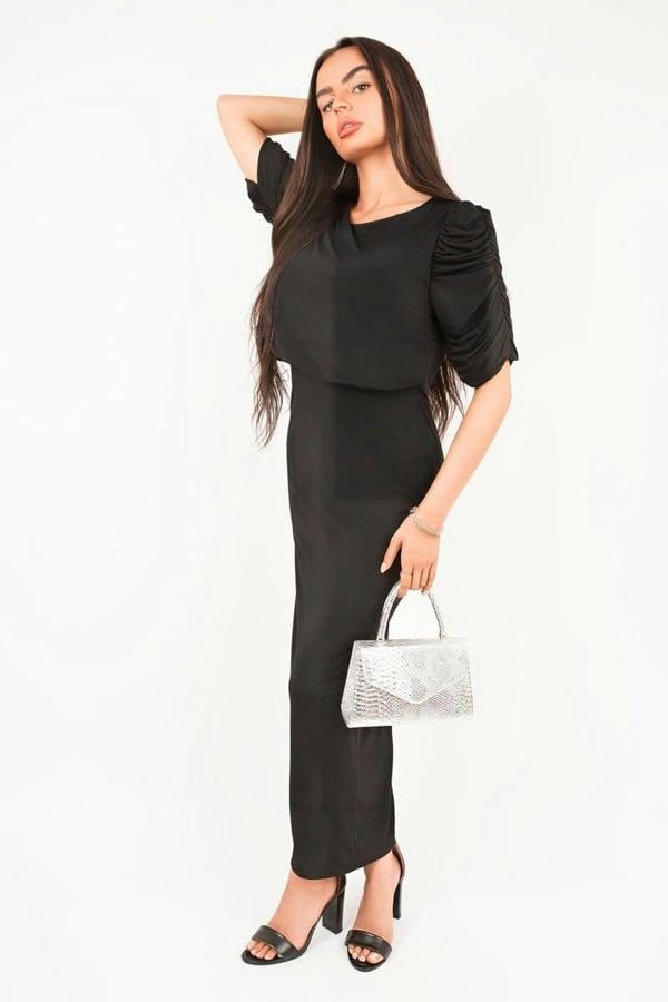 Elvira Ruched Short Sleeve Maxi Dress With Draped Bodice - Black