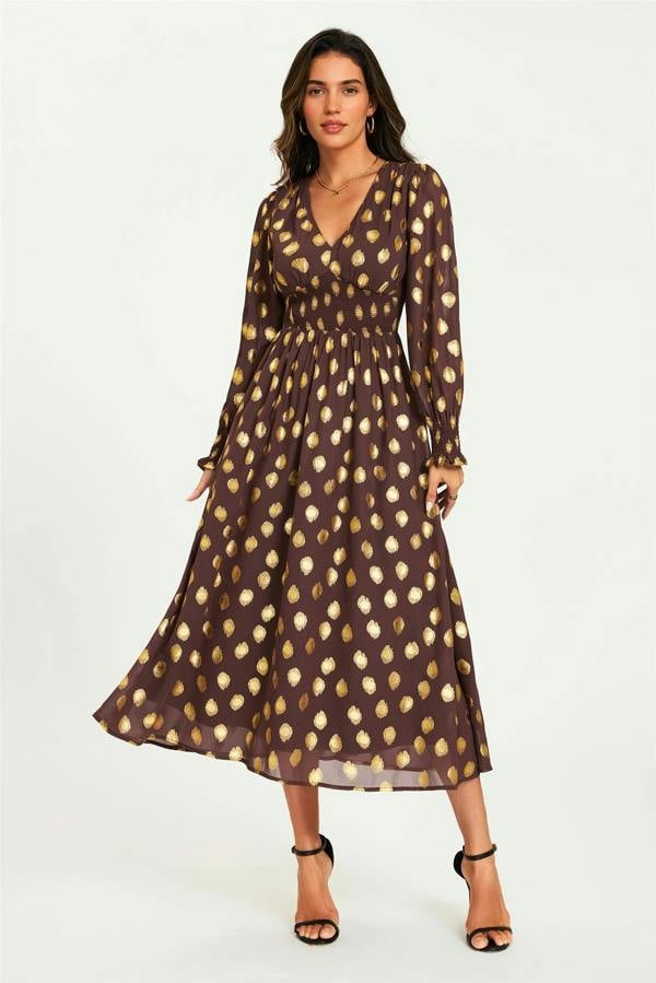 FS Collection Gold Foil Long Sleeve Maxi Dress In Brown