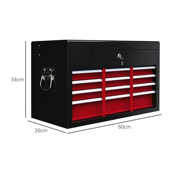 Red steel tool storage chest with six drawers, lock and keys, size view