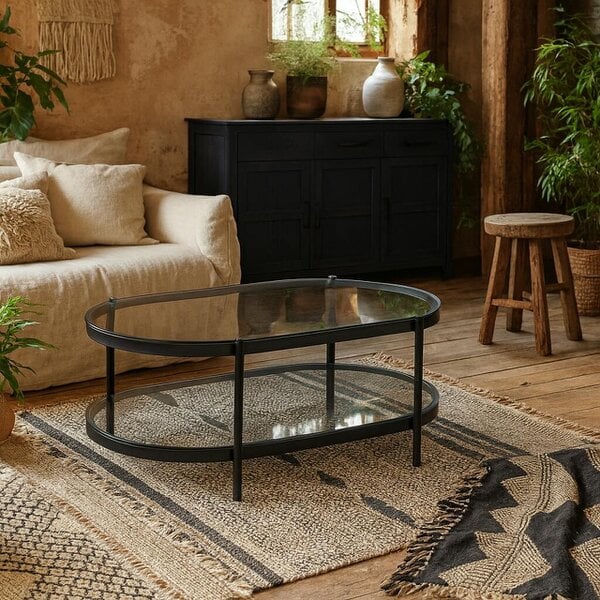 Wyld Haus Featheroak Grey Glass Oval Coffee Table Black Metal Legs