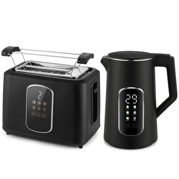 Kettle and Toaster Set with LED Touch Screen, Kettle with Strix Thermostat, 2 Slice Toaster w/ 6 Browning Levels, Black