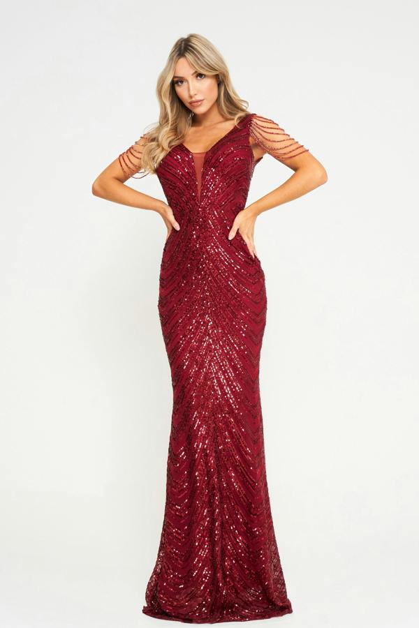 LuvForever Nuri - Wine Jewelled Sleeve Sequin Maxi Dress