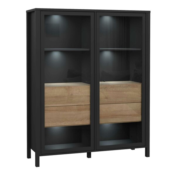 Wyld Haus Egtved Black and Natural Oak Wood Effect Large Wide Display Cabinet 2 Doors 4 Drawers