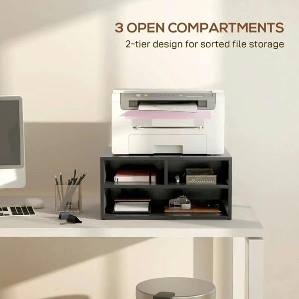 Black printer storage cabinet with three open compartments for sorted paper and printer
