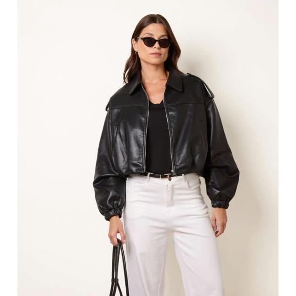 Blue Vanilla Puffball Zip Front PU Leather Jacket