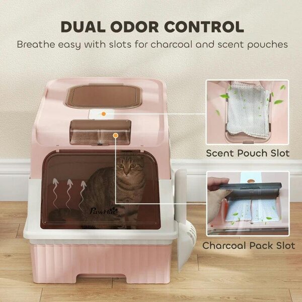 Enclosed Cat Litter Box with Lid, Pull-Out Drawer Tray, Scoop, 2 Deodorisation Bags, Front Entry & Top Exit, Pink