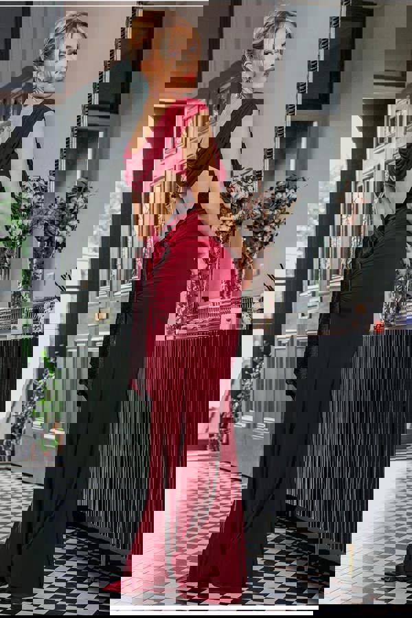 Open Back Cowl Neck Gathered Maxi Dress With Velvet Tie Back - Wine DR4856