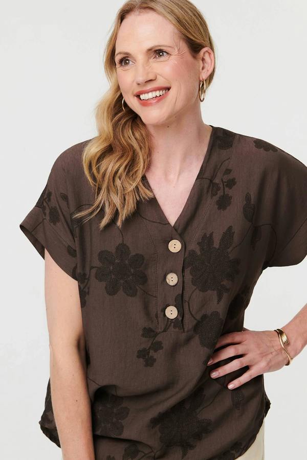Brown | Floral Embroidered V-Neck Relaxed Blouse