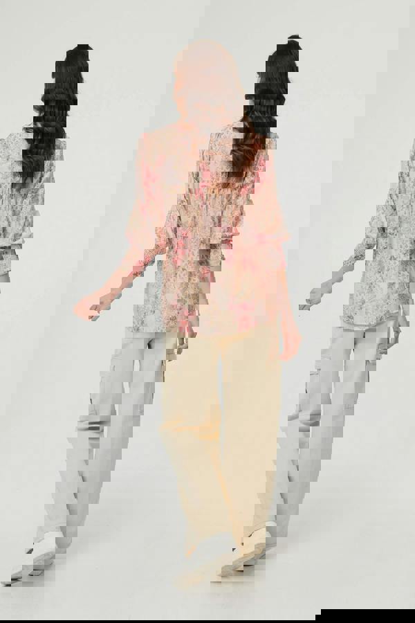 Pink | Floral Lace Trim 3/4 Puff Sleeve Shirt