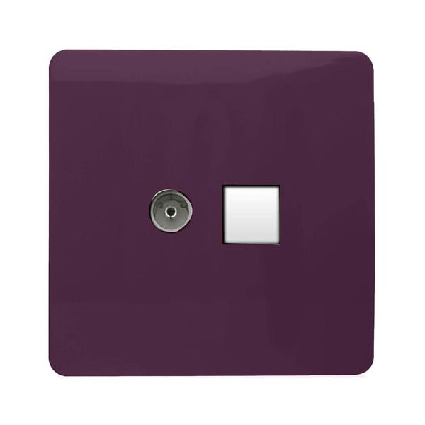 Trendi Switch 2 Gang TV Co-Axial & RJ45 Cat 6 Modern Designer PC Ethernet Sockets in Plum Purple