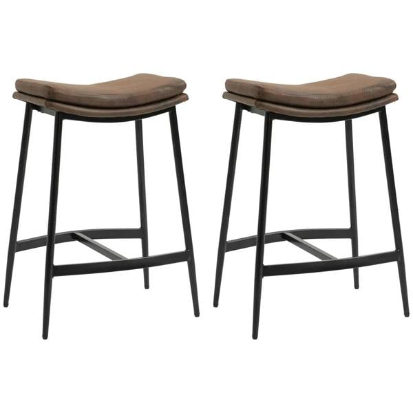 Set of 2 brown bar stools with curved cushioned seats and black steel frames