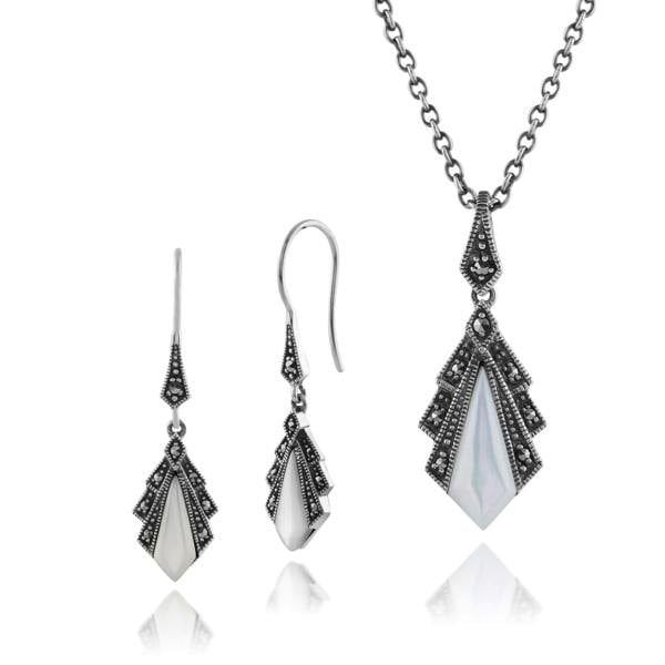214E823201925-214N658201925 Art Deco Style Style Mother of Pearl & Round Marcasite Fan Drop Earrings & Pendant Set in 925 Sterling Silver 1