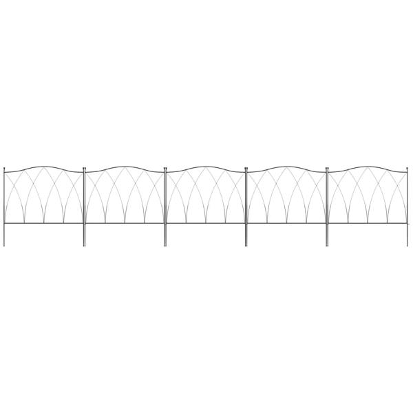 Black decorative metal fence panels set with arched lattice pattern and evenly spaced posts