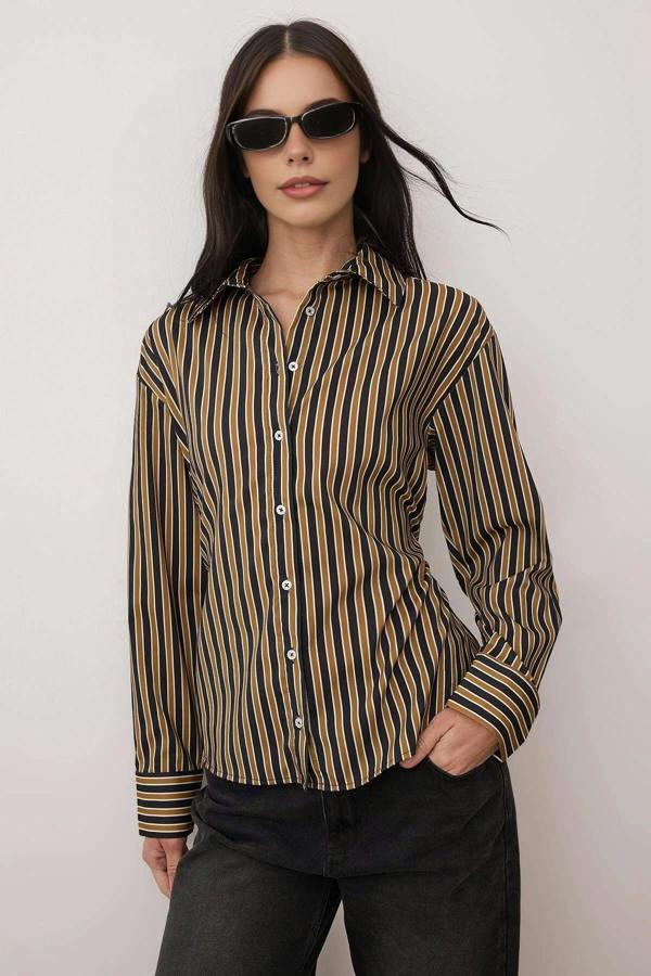 WOVCOR Striped Woven Shirt with Adjustable Waist