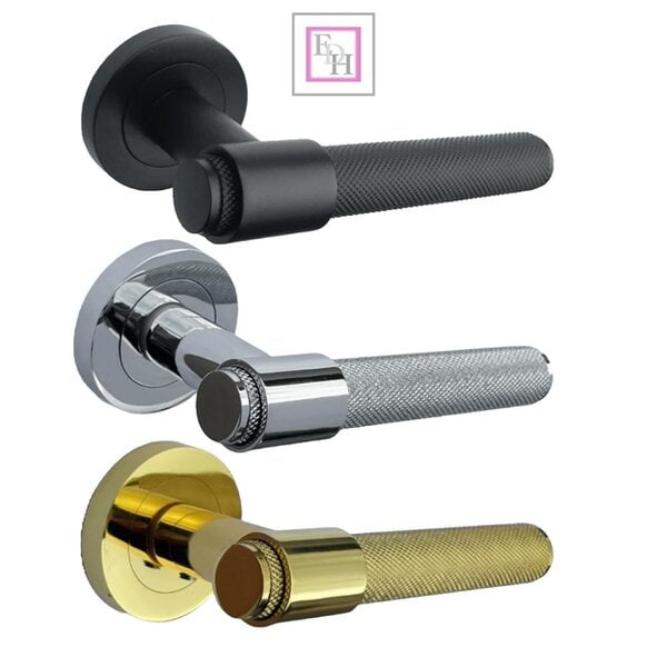 EDH Door Hardware Knurled Door Handles Chrome, Black, Brass – Loop & Neck Lever on Rose Latch