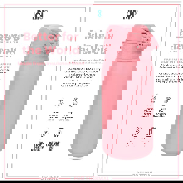 A pink, insulated stainless steel water bottle sits on a white background; it is durable, recyclable, and dishwasher safe.