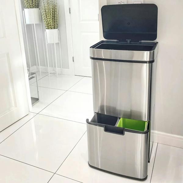 Stacked stainless steel recycling bin with removable lid and green liners